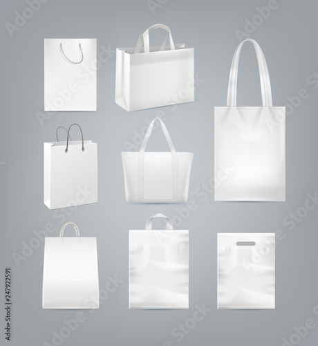 Vector set of shopping bags with handle made from white paper, plastic and canvas isolated on background