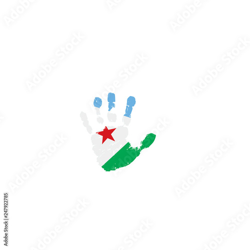 Djibouti flag and hand on white background. Vector illustration