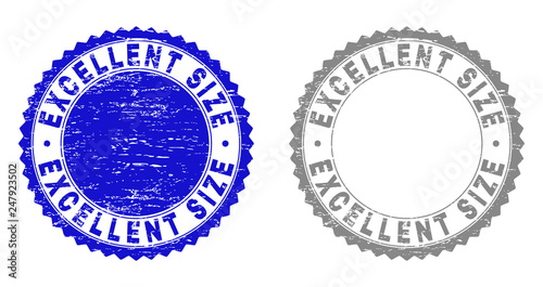 Grunge EXCELLENT SIZE stamp seals isolated on a white background. Rosette seals with distress texture in blue and gray colors. Vector rubber stamp imprint of EXCELLENT SIZE label inside round rosette.