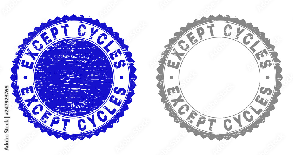 Grunge EXCEPT CYCLES stamp seals isolated on a white background. Rosette seals with grunge texture in blue and grey colors. Vector rubber overlay of EXCEPT CYCLES text inside round rosette.