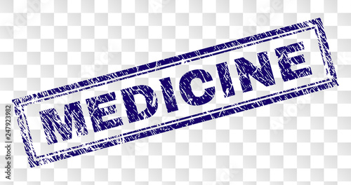 MEDICINE stamp seal print with rubber print style and double framed rectangle shape. Stamp is placed on a transparent background. Blue vector rubber print of MEDICINE label with unclean texture.
