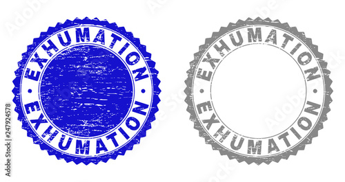 Grunge EXHUMATION stamp seals isolated on a white background. Rosette seals with grunge texture in blue and gray colors. Vector rubber stamp imprint of EXHUMATION caption inside round rosette.