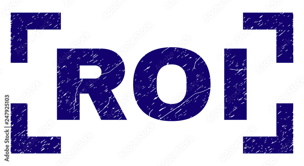 ROI text seal imprint with grunge texture. Text caption is placed inside corners. Blue vector rubber print of ROI with grunge texture. ROI text seal imprint with grunge texture. Text caption is placed inside corners. Blue vector rubber print of ROI with grunge texture.