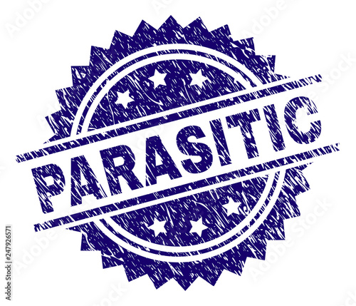 PARASITIC stamp seal watermark with distress style. Blue vector rubber print of PARASITIC tag with grunge texture.