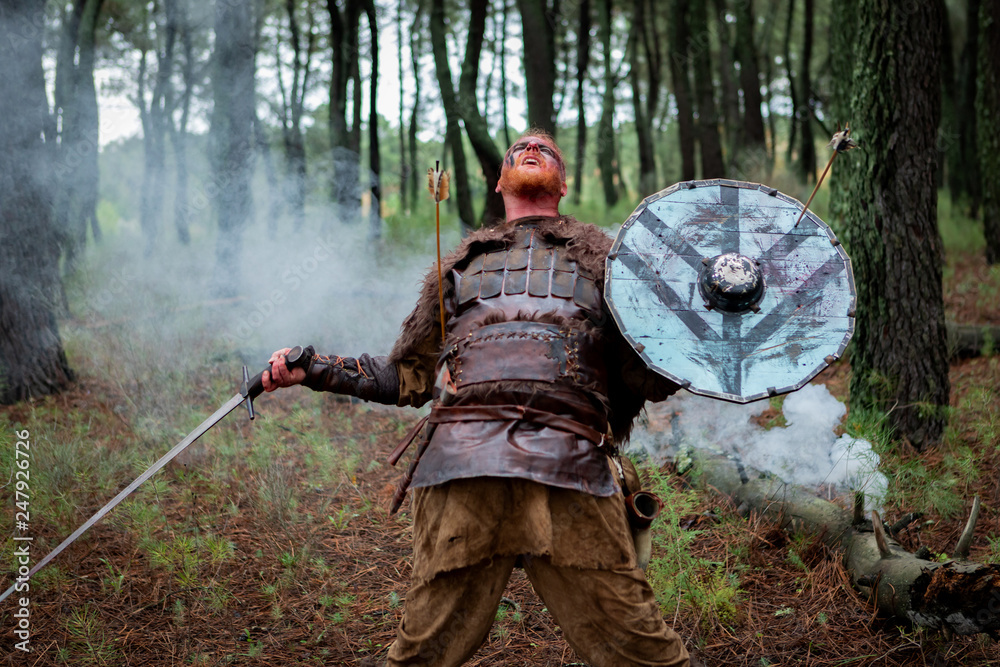 Bloody real viking with his sword training for combat Bloody real viking with his sword training for combat