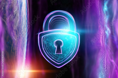 Creative, ultraviolet background, hologram lock. The concept of security, safe, data privacy, data protection, cryptocurrency, cyber otak. Copy space. photo