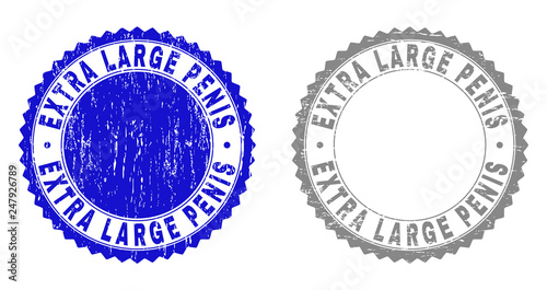 Grunge EXTRA LARGE PENIS stamp seals isolated on a white background. Rosette seals with grunge texture in blue and gray colors. Vector rubber watermark of EXTRA LARGE PENIS title inside round rosette.