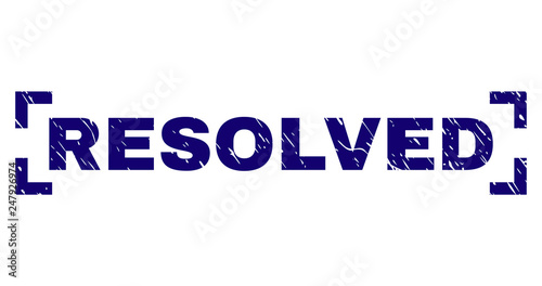RESOLVED caption seal print with grunge texture. Text caption is placed inside corners. Blue vector rubber print of RESOLVED with unclean texture.