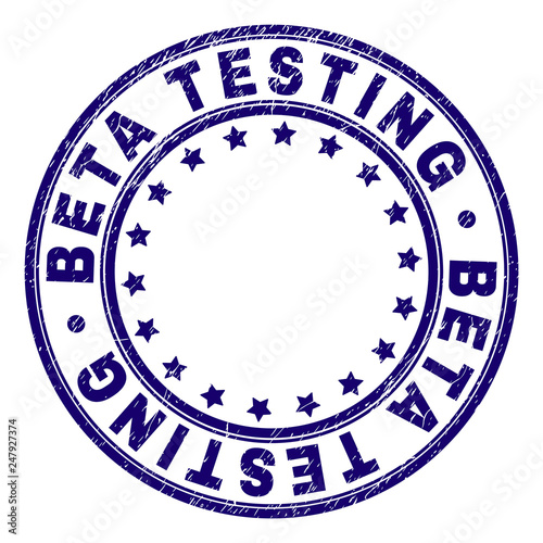 BETA TESTING stamp seal watermark with grunge texture. Designed with circles and stars. Blue vector rubber print of BETA TESTING title with unclean texture.
