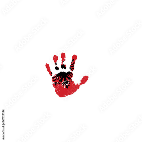 Albania flag and hand on white background. Vector illustration