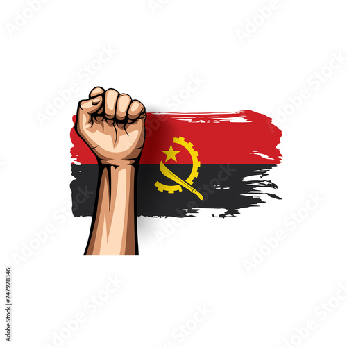 Angola flag and hand on white background. Vector illustration
