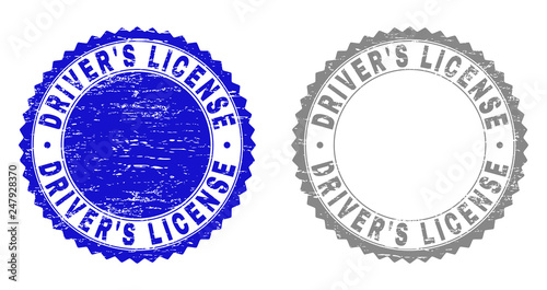 Grunge DRIVER'S LICENSE stamp seals isolated on a white background. Rosette seals with grunge texture in blue and gray colors. Vector rubber watermark of DRIVER'S LICENSE text inside round rosette.