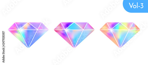 Modern holographic diamond set isolated on white background. 