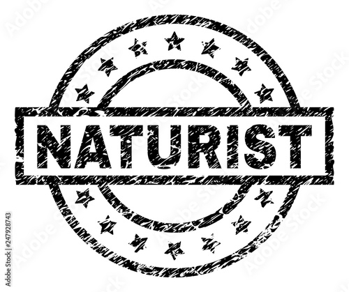 NATURIST stamp seal watermark with distress style. Designed with rectangle, circles and stars. Black vector rubber print of NATURIST tag with scratched texture.
