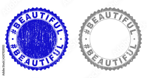 Grunge #BEAUTIFUL stamp seals isolated on a white background. Rosette seals with distress texture in blue and gray colors. Vector rubber stamp imitation of #BEAUTIFUL tag inside round rosette.