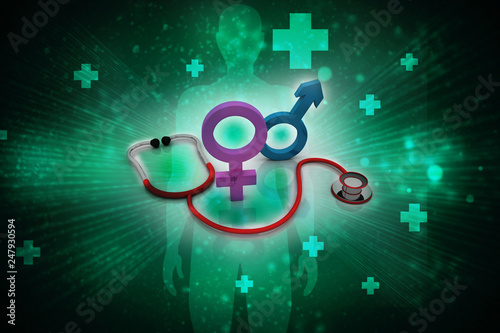 Male/female gender symbol with stethoscope , 3D rendering