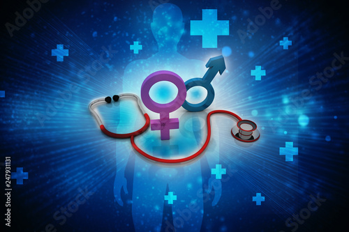 Male/female gender symbol with stethoscope , 3D rendering