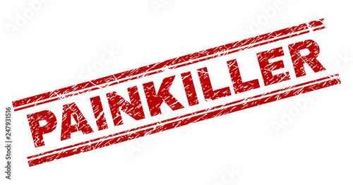 PAINKILLER seal print with distress texture. Red vector rubber print of PAINKILLER caption with dust texture. Text label is placed between double parallel lines.