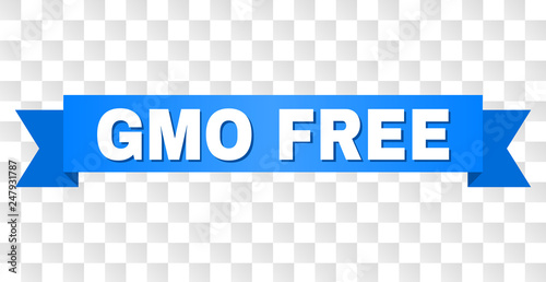 GMO FREE text on a ribbon. Designed with white caption and blue stripe. Vector banner with GMO FREE tag on a transparent background.