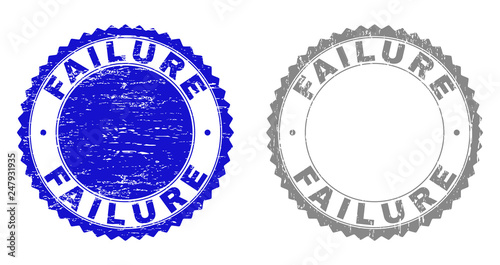 Grunge FAILURE stamp seals isolated on a white background. Rosette seals with grunge texture in blue and gray colors. Vector rubber stamp imprint of FAILURE label inside round rosette.