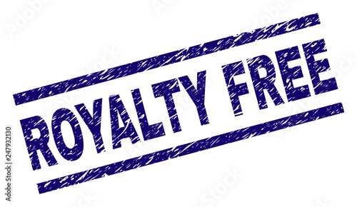 ROYALTY FREE seal imprint with grunge style. Blue vector rubber print of ROYALTY FREE title with unclean texture. Text title is placed between parallel lines.