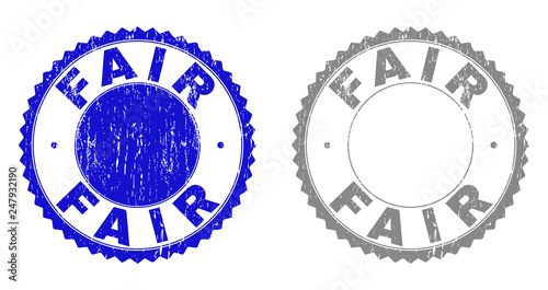 Grunge FAIR stamp seals isolated on a white background. Rosette seals with grunge texture in blue and grey colors. Vector rubber stamp imprint of FAIR text inside round rosette.