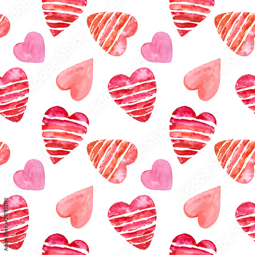 Seamless pattern with red hearts. Watercolor drawn love hearts. Valentine day card.