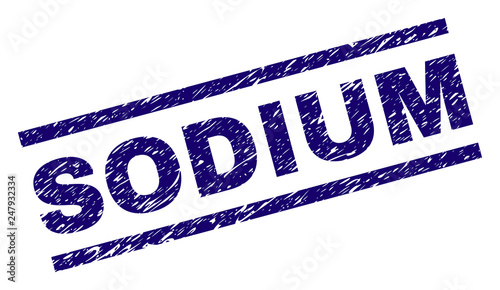 SODIUM seal print with scratced style. Blue vector rubber print of SODIUM text with unclean texture. Text tag is placed between parallel lines.