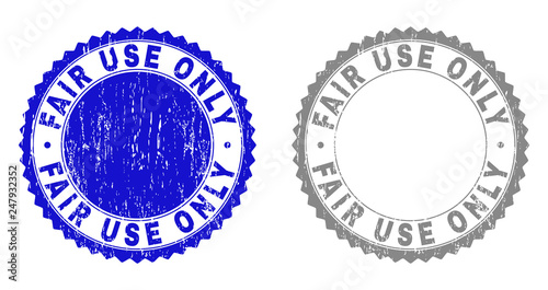 Grunge FAIR USE ONLY stamp seals isolated on a white background. Rosette seals with grunge texture in blue and gray colors. Vector rubber overlay of FAIR USE ONLY label inside round rosette.