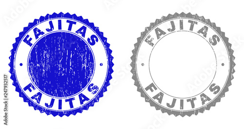 Grunge FAJITAS stamp seals isolated on a white background. Rosette seals with grunge texture in blue and gray colors. Vector rubber stamp imitation of FAJITAS text inside round rosette.