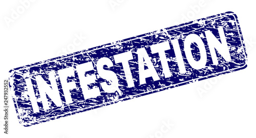 INFESTATION stamp seal print with grunge style. Seal shape is a rounded rectangle with frame. Blue vector rubber print of INFESTATION caption with grunge style.
