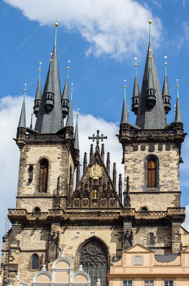 Tyn Church in Prague. Church of the Virgin Mary in front of Tyn on Old Town Square. Architecture of Prague old town