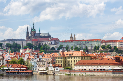 View of Prague and Prague Castle from Charles Bridge. Vltava River. Architecture of Prague old town