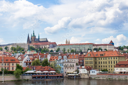 View of Prague and Prague Castle from Charles Bridge. Vltava River. Architecture of Prague old town