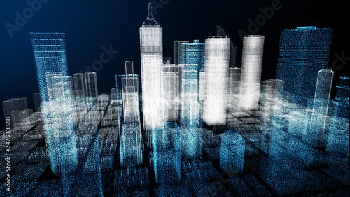 Photography Energy power of future big city concept, light blue neon skyscraper building of