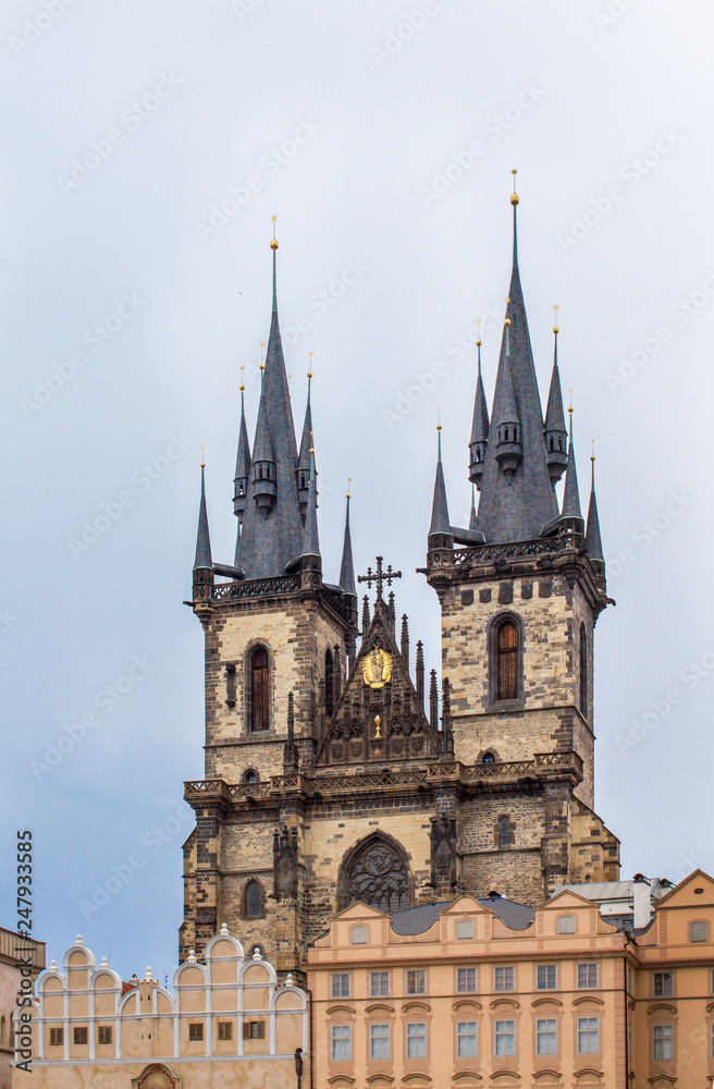 Tyn Church in Prague. Church of the Virgin Mary in front of Tyn on Old Town Square. Architecture of Prague old town