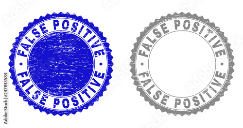 Grunge FALSE POSITIVE stamp seals isolated on a white background. Rosette seals with grunge texture in blue and gray colors. Vector rubber overlay of FALSE POSITIVE text inside round rosette.