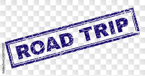 ROAD TRIP stamp seal print with distress style and double framed rectangle shape. Stamp is placed on a transparent background. Blue vector rubber print of ROAD TRIP caption with corroded texture.