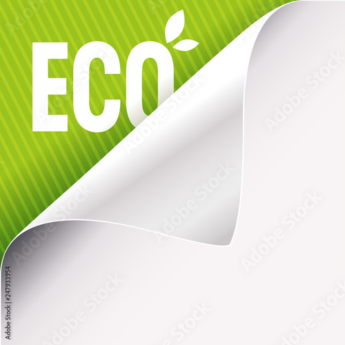 Curled white paper corner on green and Eco sign