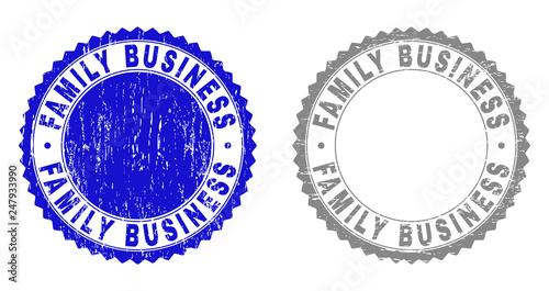 Grunge FAMILY BUSINESS stamp seals isolated on a white background. Rosette seals with grunge texture in blue and gray colors.