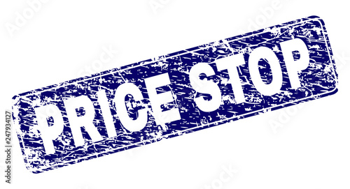 PRICE STOP stamp seal print with distress texture. Seal shape is a rounded rectangle with frame. Blue vector rubber print of PRICE STOP tag with unclean texture.