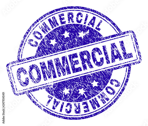 COMMERCIAL stamp seal imprint with grunge texture. Designed with rounded rectangles and circles. Blue vector rubber print of COMMERCIAL label with grunge texture.