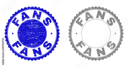 Grunge FANS stamp seals isolated on a white background. Rosette seals with grunge texture in blue and gray colors. Vector rubber stamp imprint of FANS label inside round rosette.