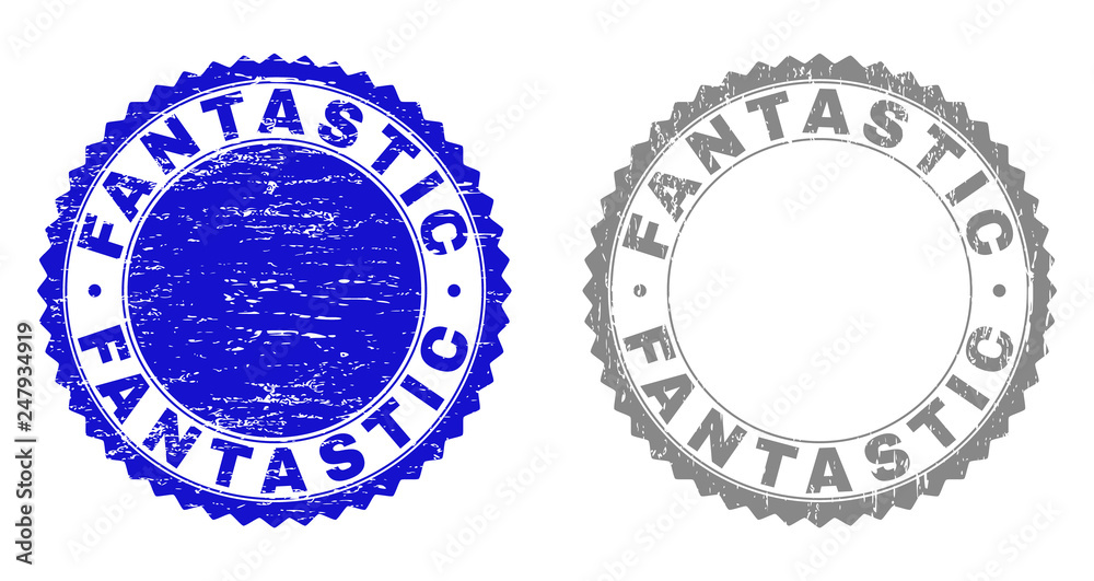 Grunge FANTASTIC stamp seals isolated on a white background. Rosette seals with distress texture in blue and gray colors. Vector rubber stamp imprint of FANTASTIC tag inside round rosette.