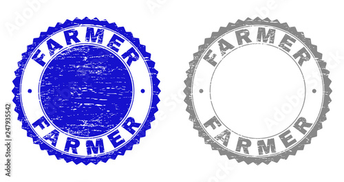 Grunge FARMER stamp seals isolated on a white background. Rosette seals with grunge texture in blue and grey colors. Vector rubber stamp imprint of FARMER title inside round rosette.