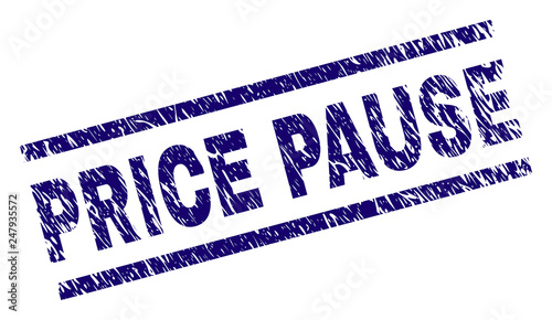 PRICE PAUSE seal print with distress style. Blue vector rubber print of PRICE PAUSE tag with dirty texture. Text tag is placed between parallel lines.
