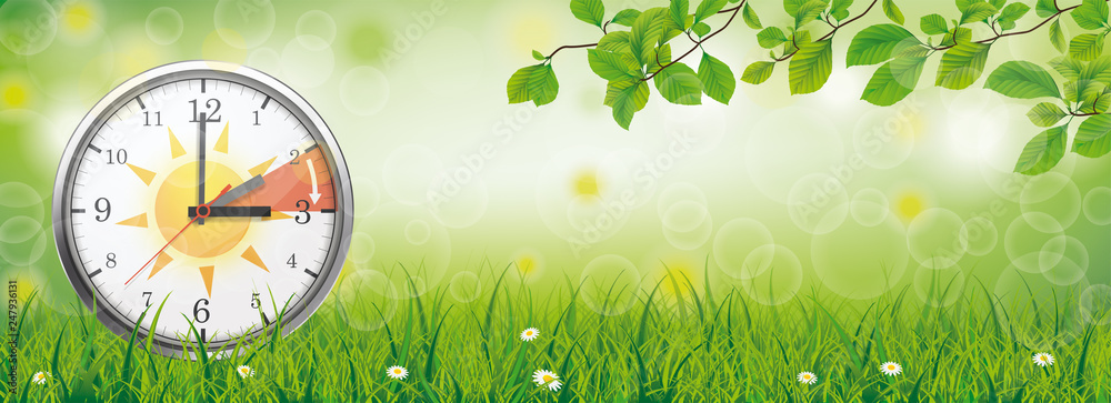 Zeitumstellung Sommerzeit Banner - Uhr auf einen Frühlingswiese