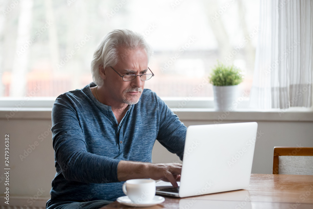 Serious mature man working on computer at home Serious mature man working on computer at home