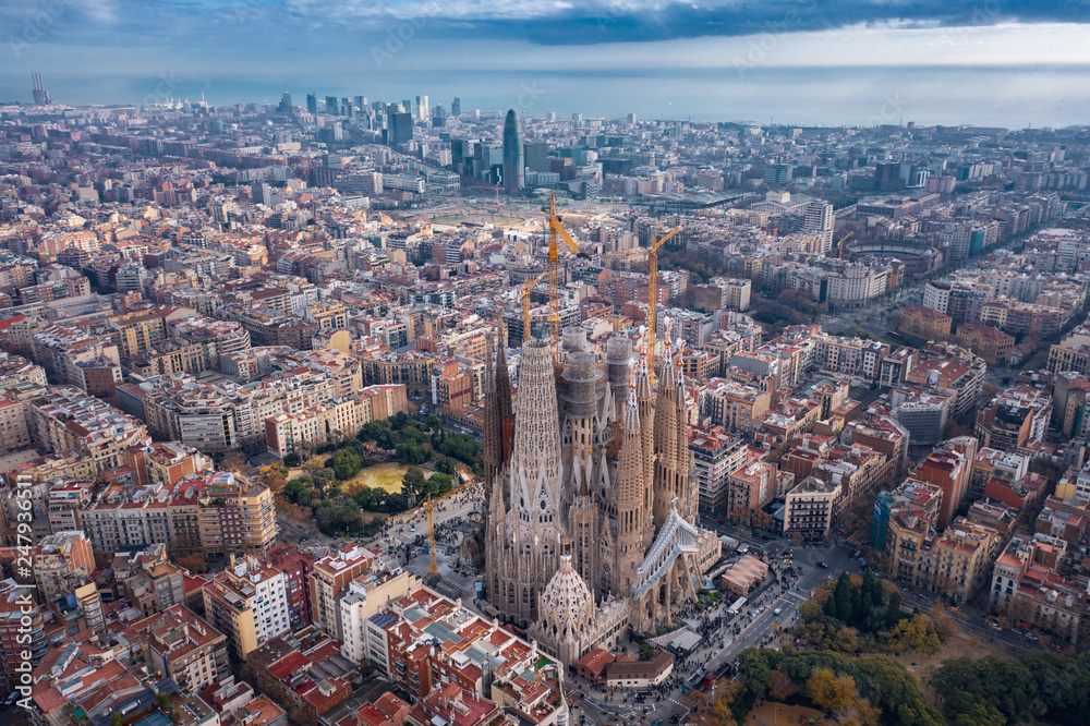 Aerial; drone view of main Gaudi project Sagrada Familia Temple ...