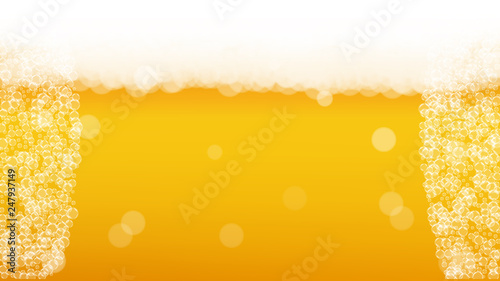 Beer background. Craft lager splash. Oktoberfest foam. Hipster pint of ale with realistic white bubbles. Cool liquid drink for pub flyer layout. Golden glass with beer background.